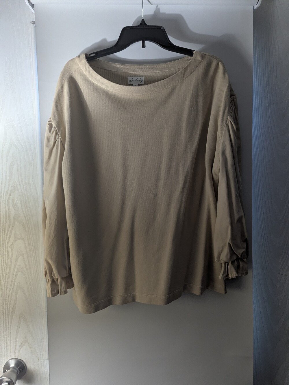 Wonderly Beige Long-Sleeve Top with Gathered Sleeve Detail